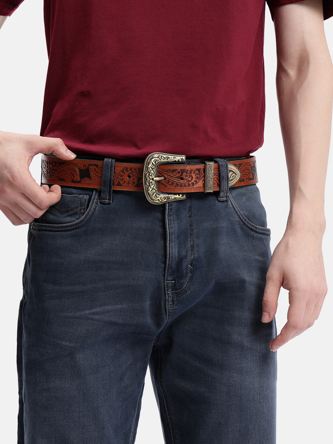 Men Genuine Leather Embossed Black Western Waist Accessory Ornate Buckle Tip
