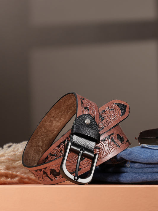 Men Genuine Leather Embossed Floral Brown Waistwear Matte Black Buckle