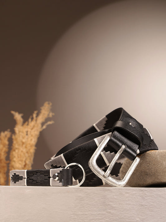 Unisex Handcrafted Black Leather Belt With Geometric Woven Strap And Antique Metal Buckle. LB-863