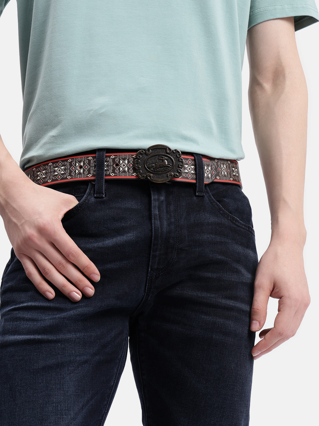 Unisex Genuine Leather Geometric Tribal Black Red Waist Belt Antique Buckle