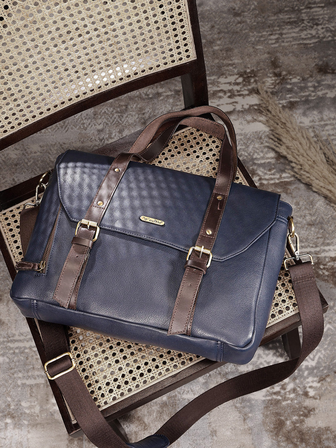Premium Genuine Leather Office Laptop Bag with Tablet Sleeve & Adjustable Strap