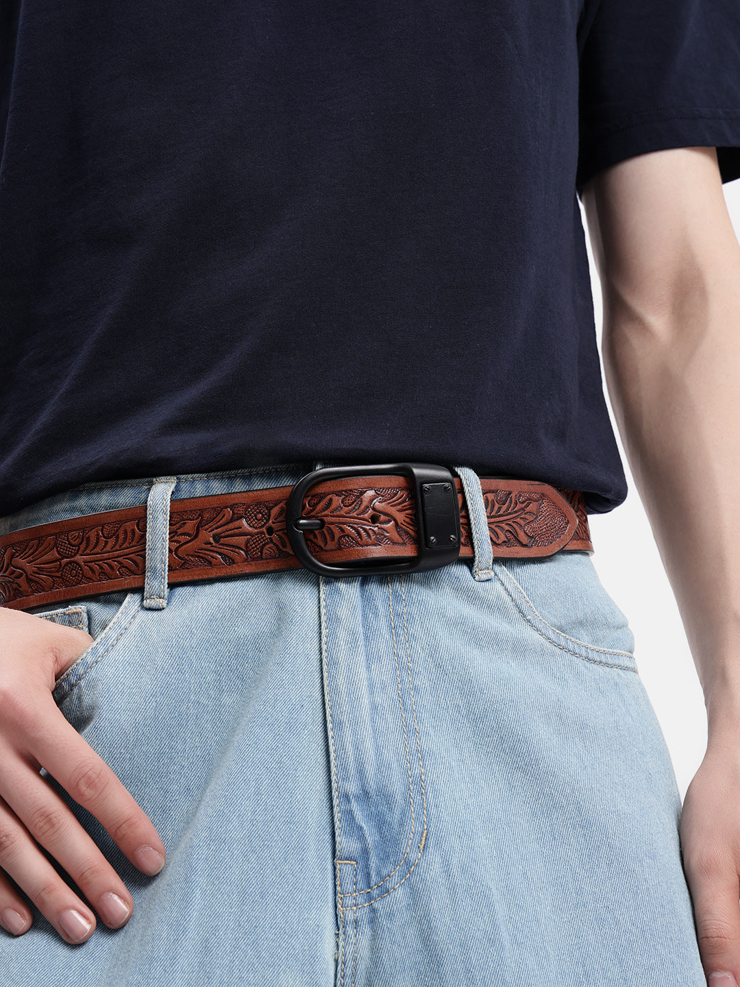Premium Genuine Leather Embossed Brown Western Waist Accessory Matte Black Buckle