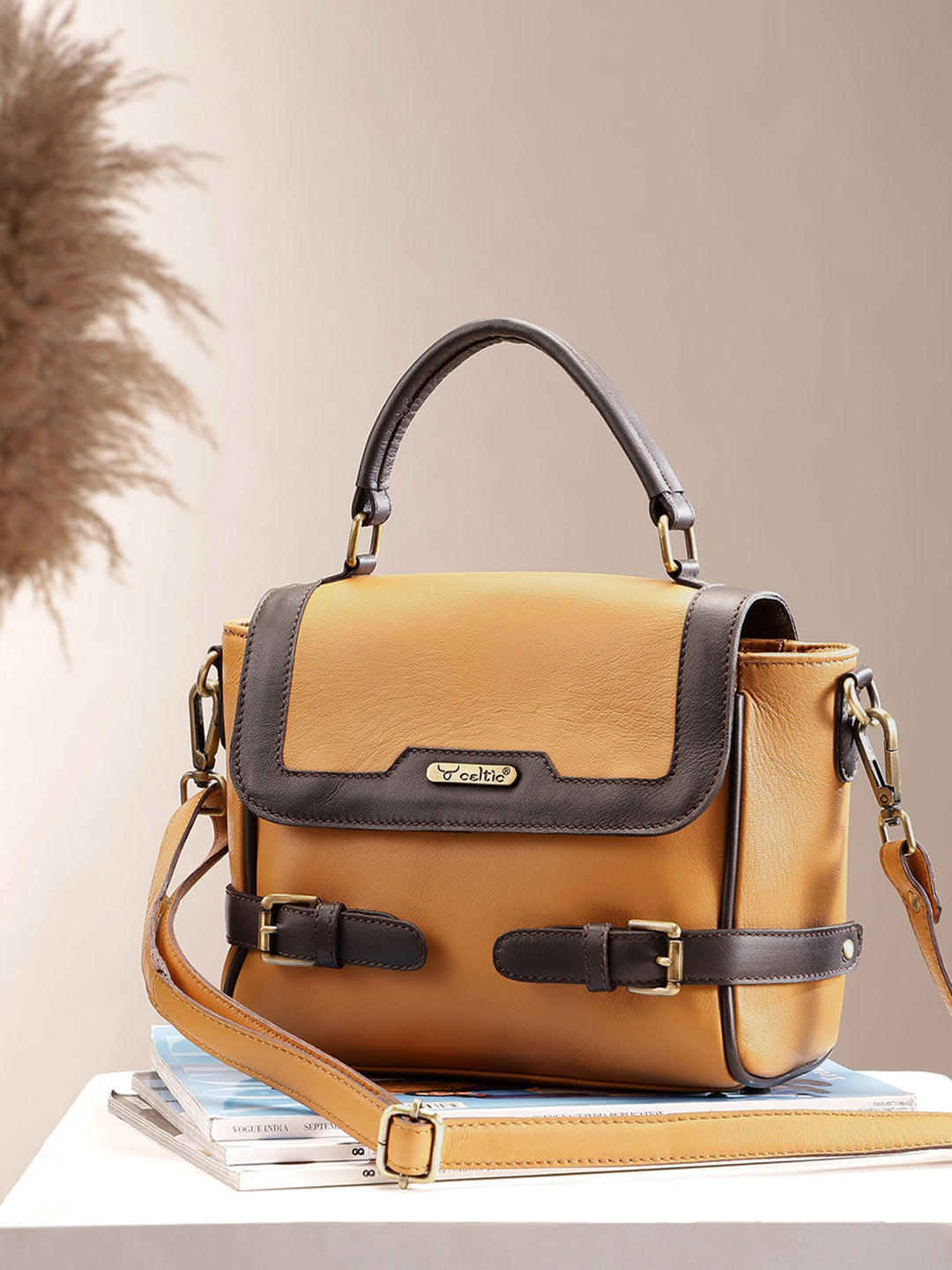 Premium Genuine Brown Leather Top Handle Handbag with Adjustable Strap