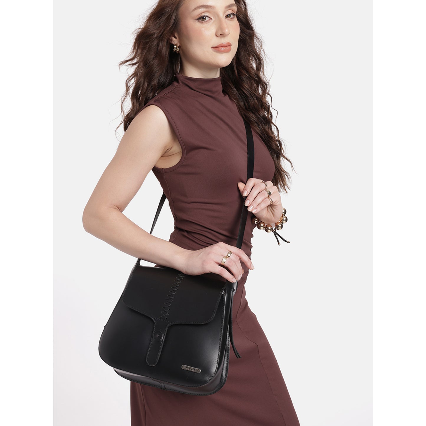 Premium Genuine Leather Sling Bag with Hand-Stitched Detail & Adjustable Strap