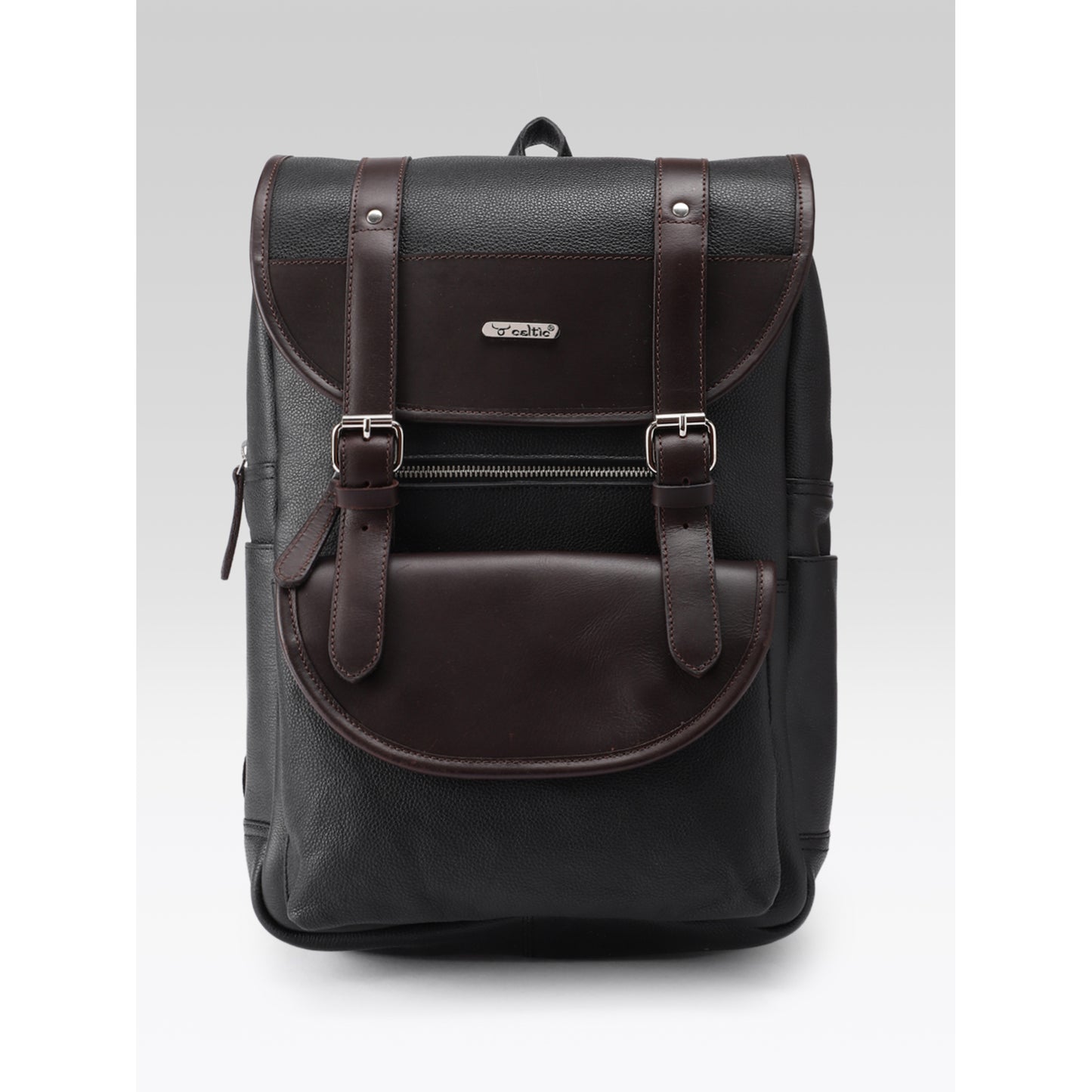 Premium Genuine Leather Laptop Backpack with Dual Buckle Design, Multiple Zip Pockets