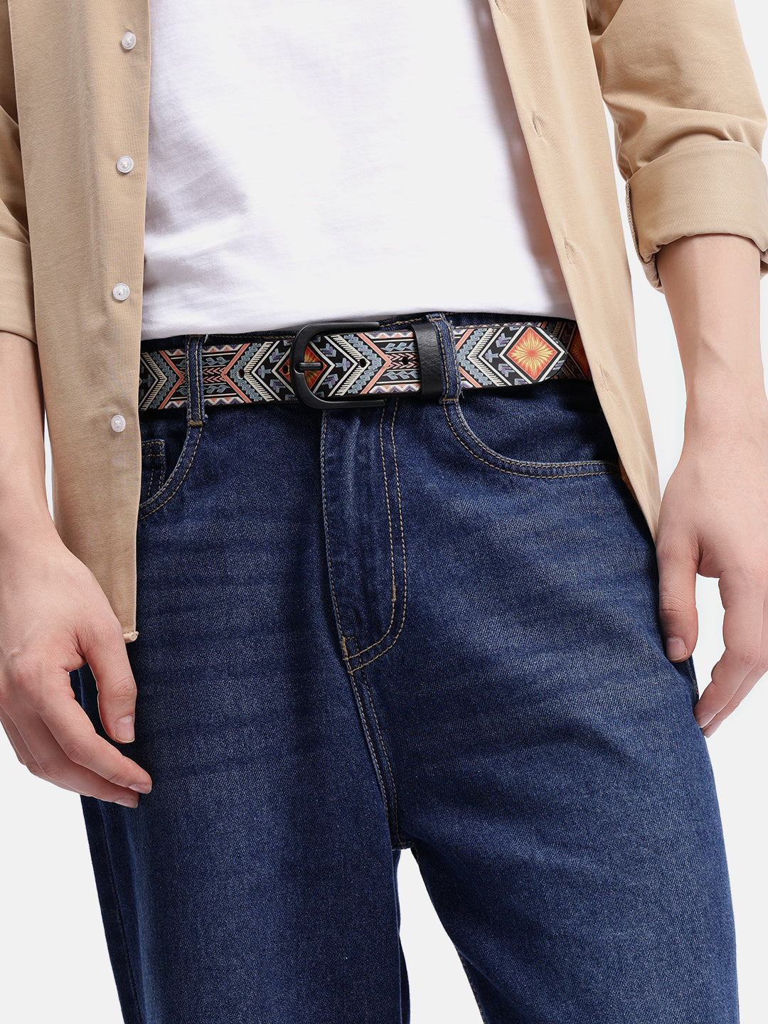 Men Genuine Leather Tribal Geometric Multicolor Waist Accessory Matte Buckle