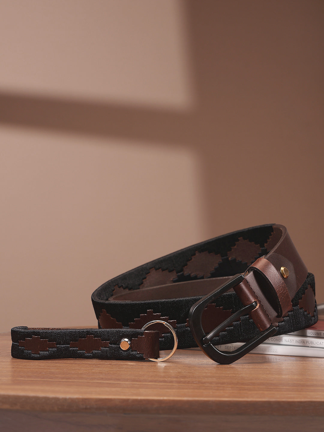 Unisex Handcrafted Leather Fabric Belt With Geometric Pattern Matte Black Buckle. LB-869