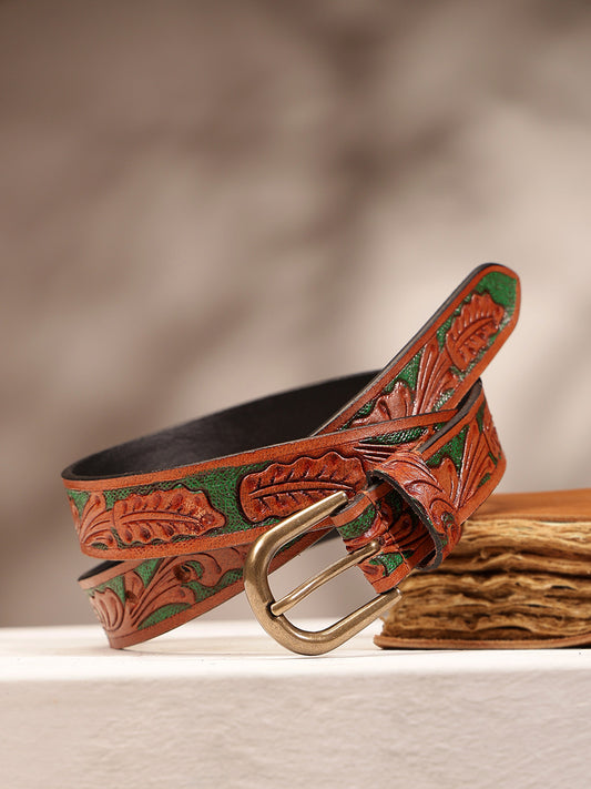 Woman Handcrafted Brown Leather Belt With Leaf Tooling And Polished Silver Buckle. LB-857