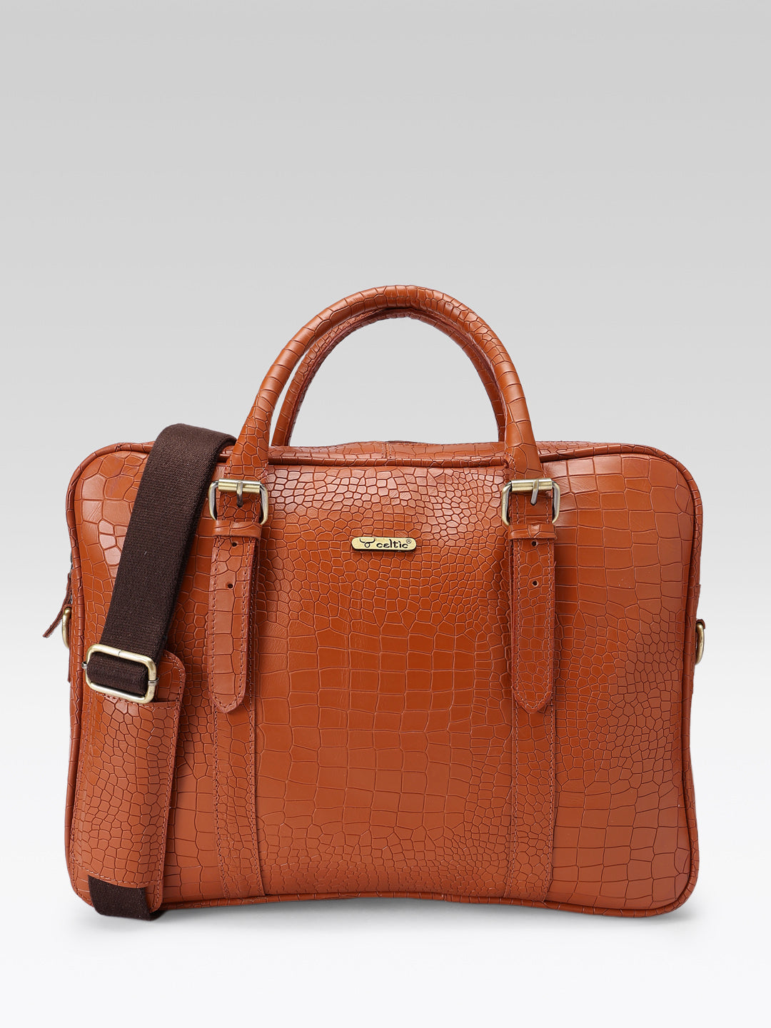 Premium Croc-Textured Black Leather Office Laptop Bag with Adjustable Shoulder Strap