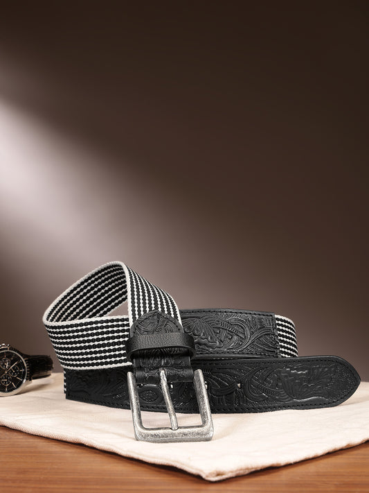 Unisex Genuine Leather Floral Embossed Canvas Black White Waist Accessory Brass Buckle