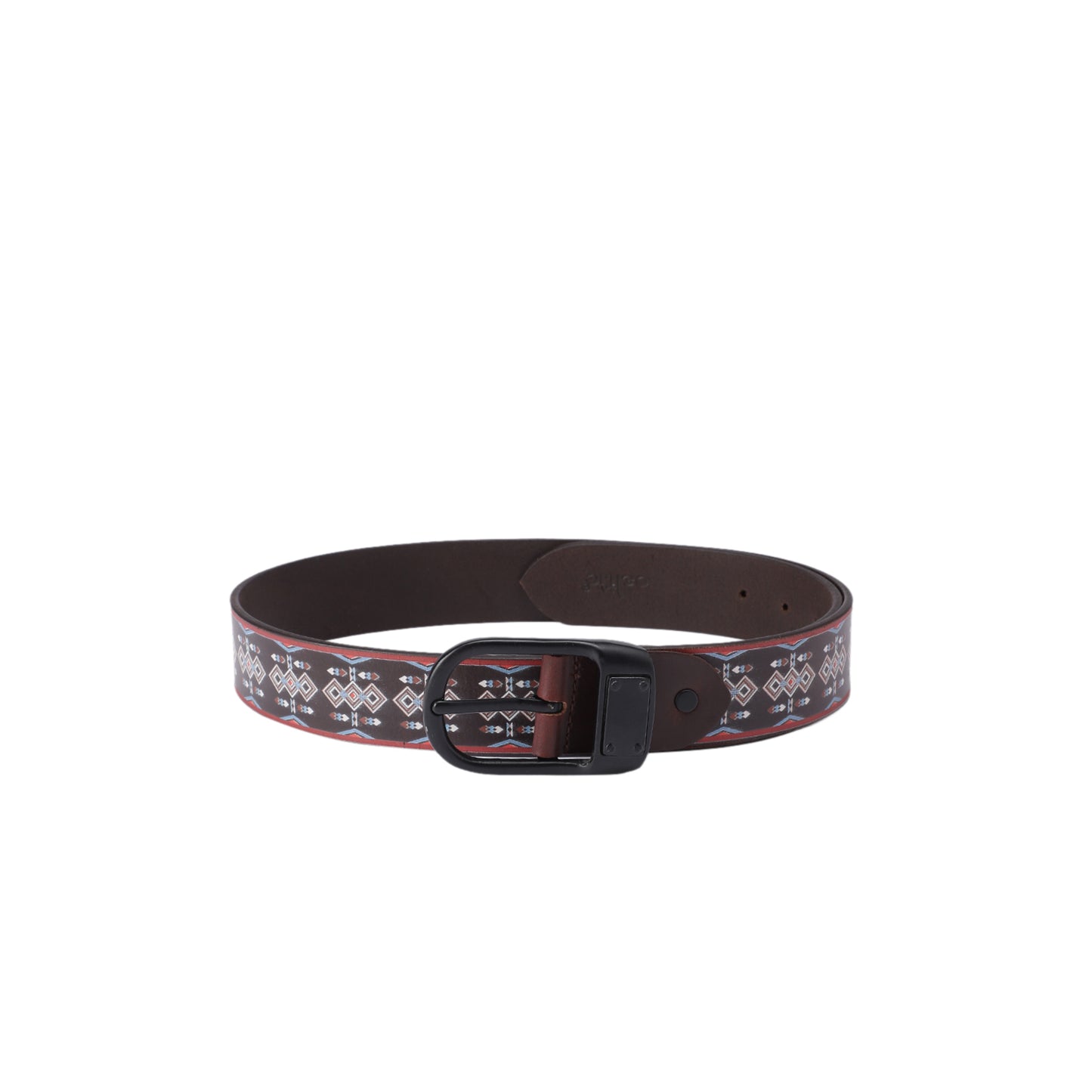 Unisex Tribal Patterned Leather Belt With Geometric Print Matte Black Buckle Handmade Style.