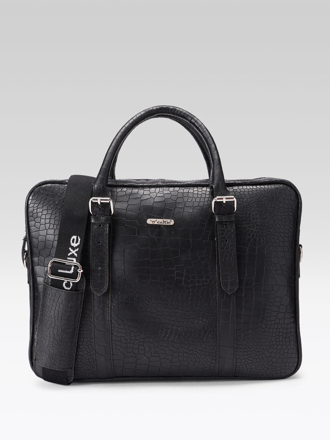 Premium Croc-Textured Black Leather Office Laptop Bag with Adjustable Shoulder Strap