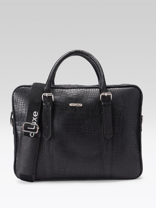 Premium Croc-Textured Black Leather Office Laptop Bag with Adjustable Shoulder Strap