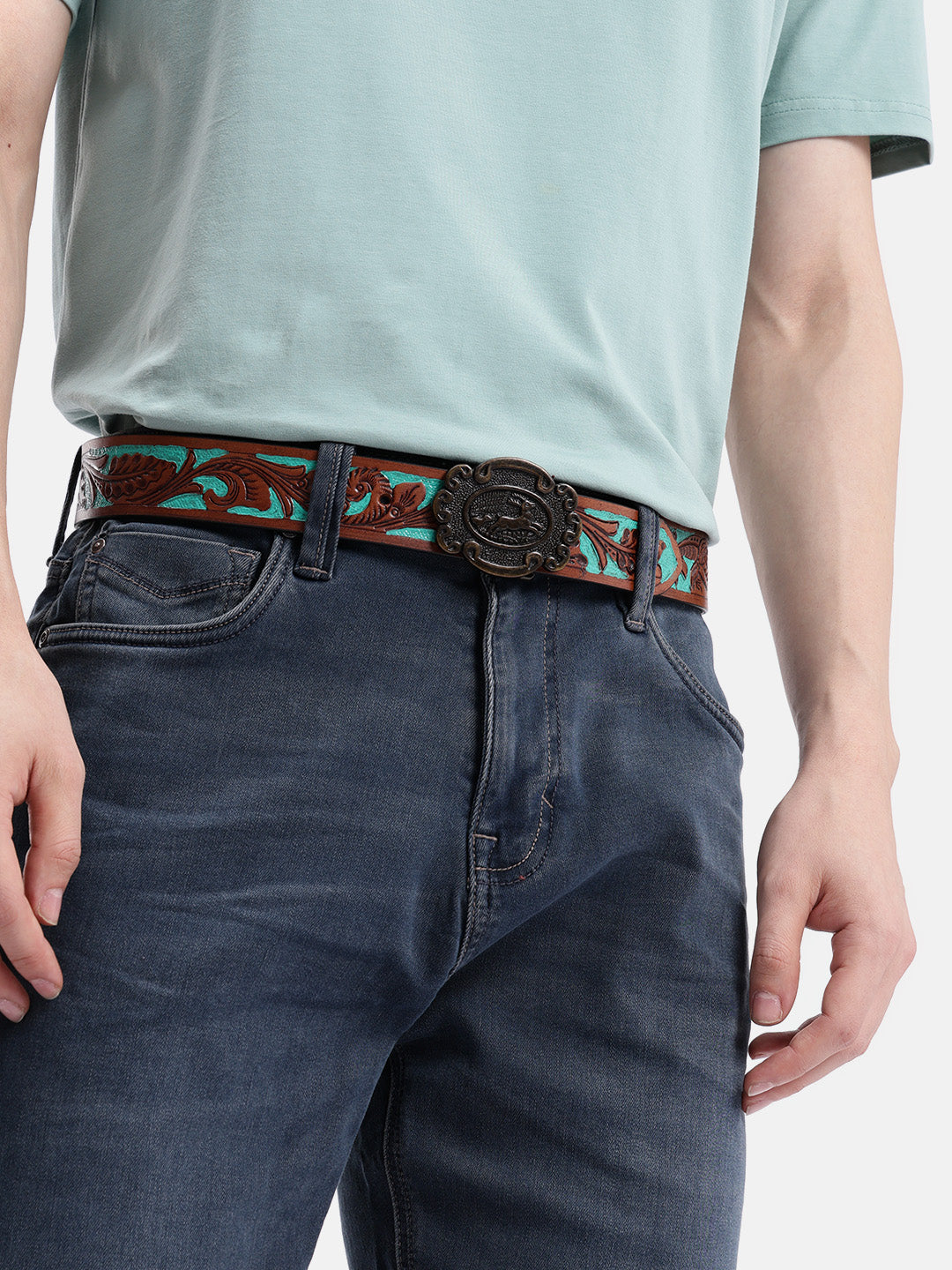 Genuine Leather Embossed Floral Brown Teal Western Waist Accessory Antique Buckle