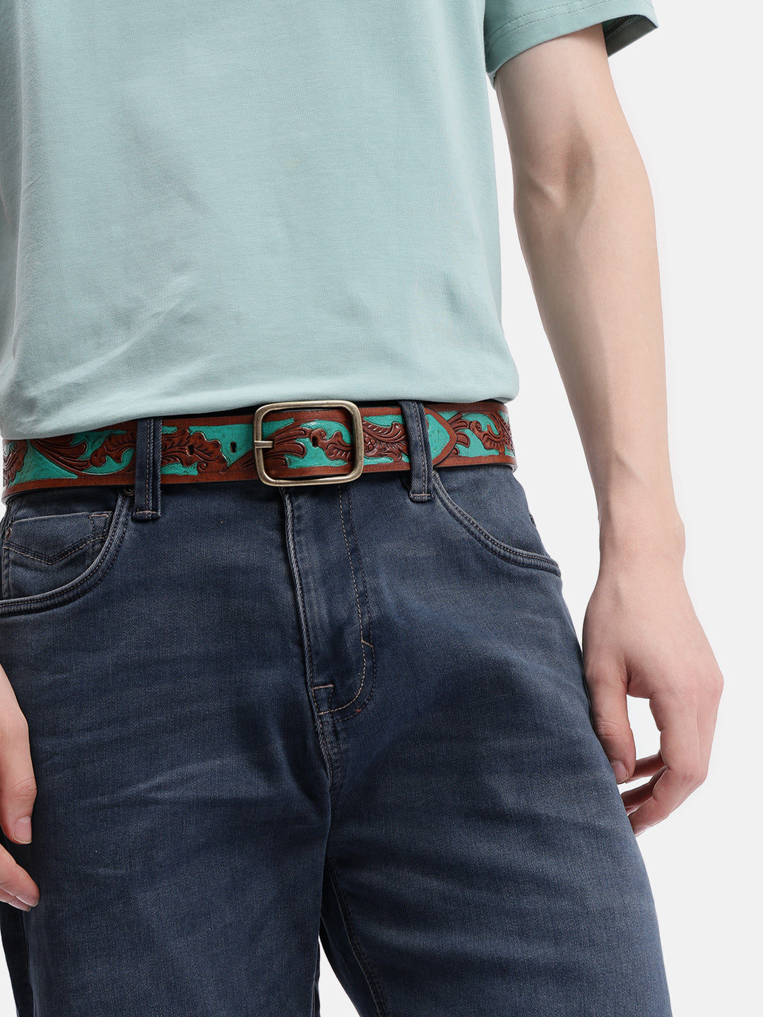 Genuine Leather Embossed Floral Brown Teal Waist Accessory Antique Metal Buckle