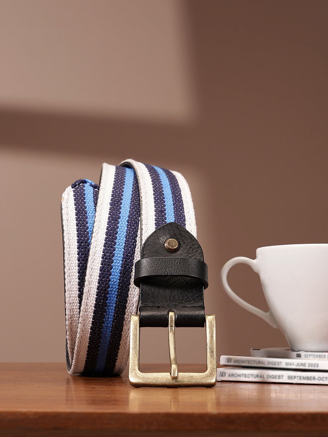 Unisex Genuine Leather Canvas Blue White Striped Waist Accessory Brass Buckle Casual