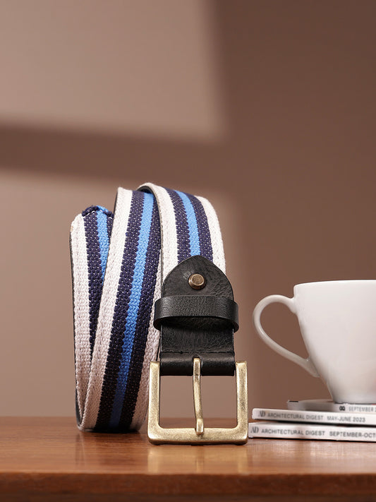 Unisex Genuine Leather Canvas Blue White Striped Waist Accessory Brass Buckle Casual
