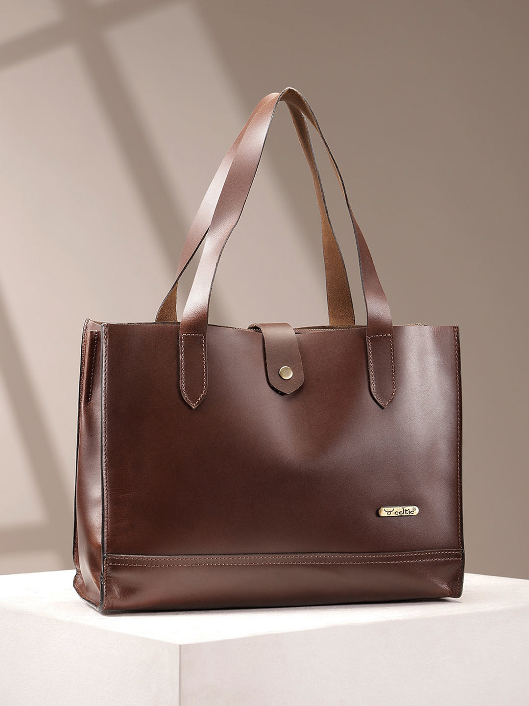 Premium Genuine Leather Structured Shopper Tote with Dual Compartments & Snap Closure