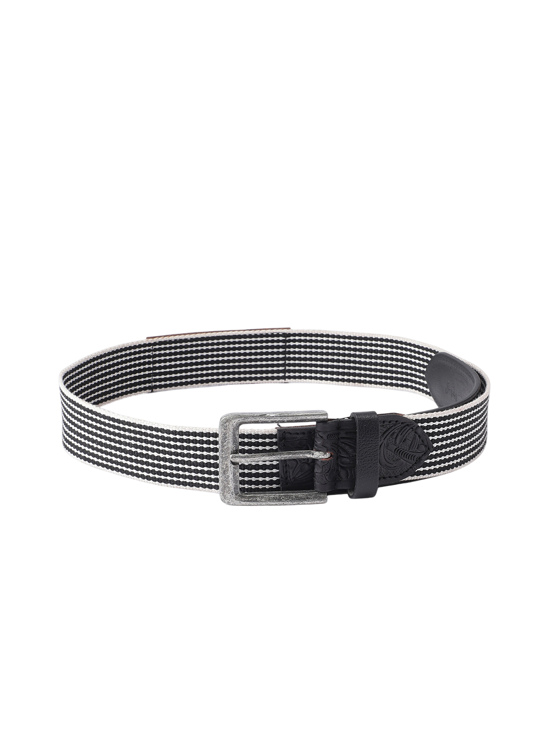 Unisex Genuine Leather Floral Embossed Canvas Black White Waist Accessory Brass Buckle