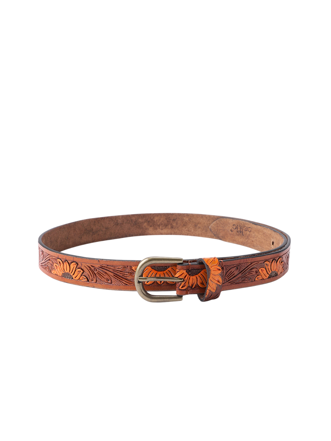 Genuine Leather Embossed Brown Orange Sunflower Western Waist Accessory Brass Buckle