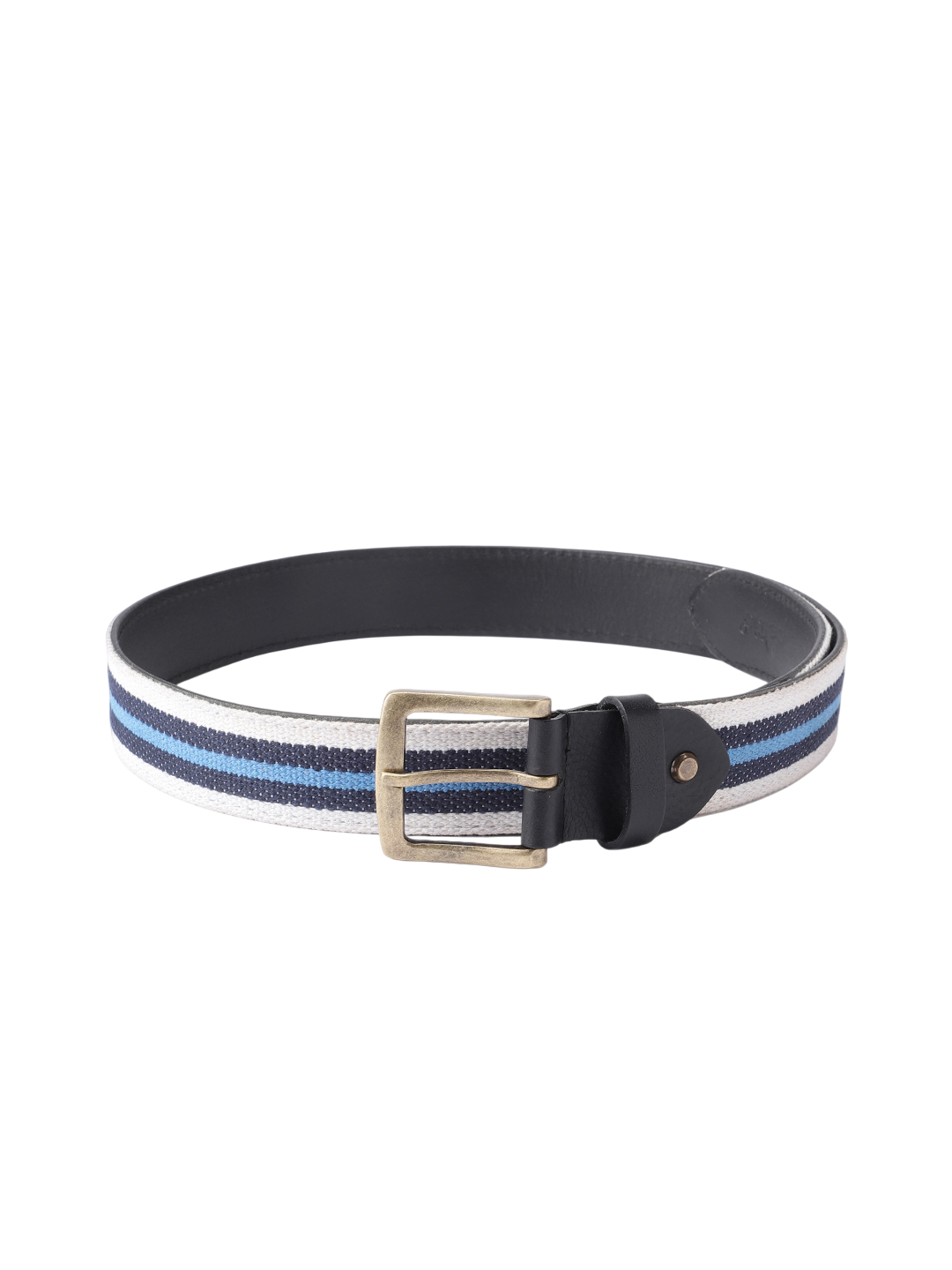 Unisex Genuine Leather Canvas Blue White Striped Waist Accessory Brass Buckle Casual