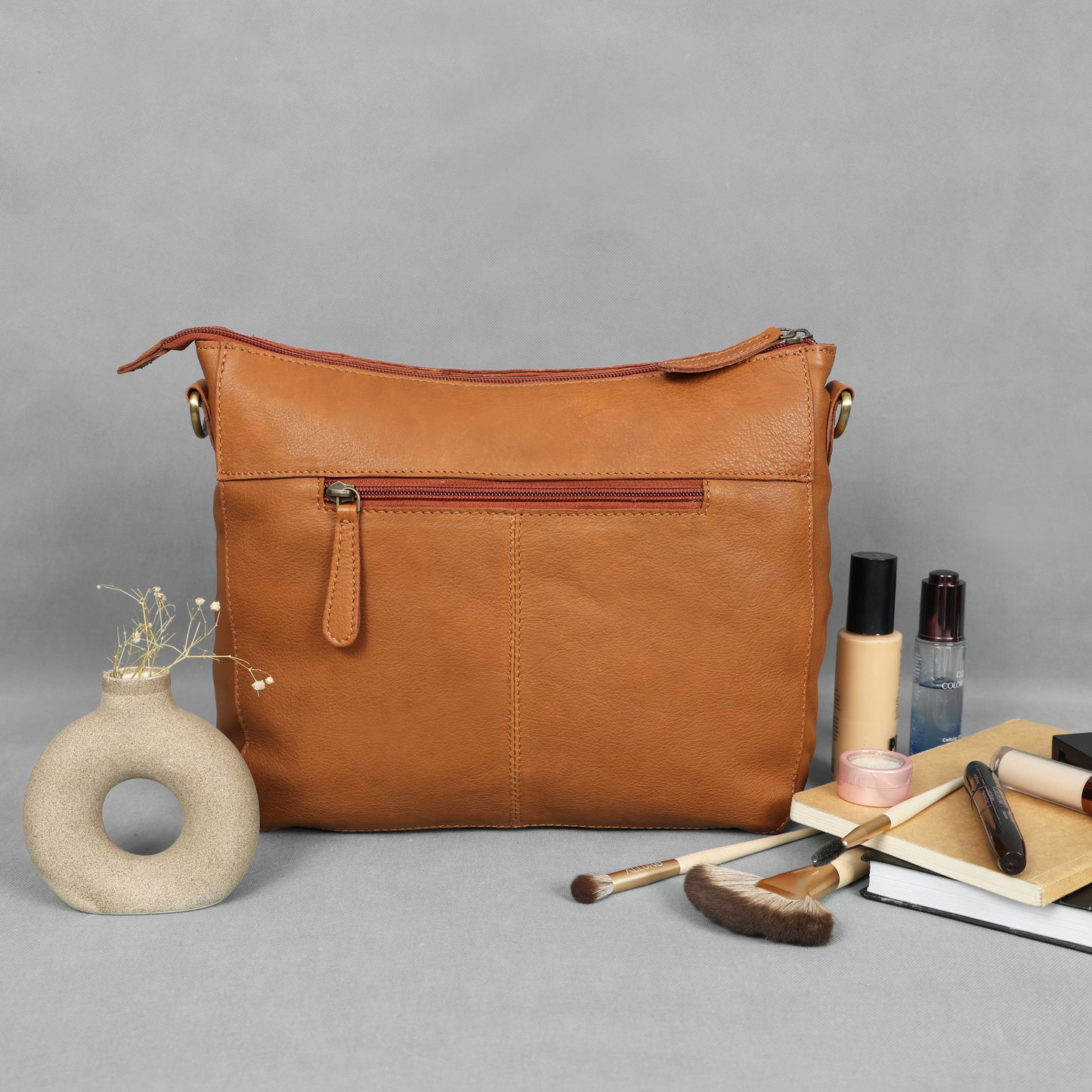 Premium Tan Leather Crossbody Messenger Bag with Multiple Zip Pockets & Adjustable Strap