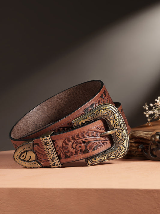 Men Genuine Leather Embossed Black Western Waist Accessory Ornate Buckle Tip