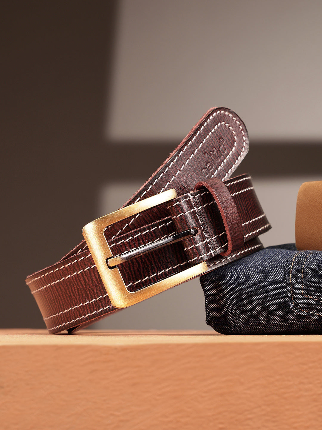 Unisex Genuine Leather Maroon Belt With Contrast Stitching and Brass Buckle