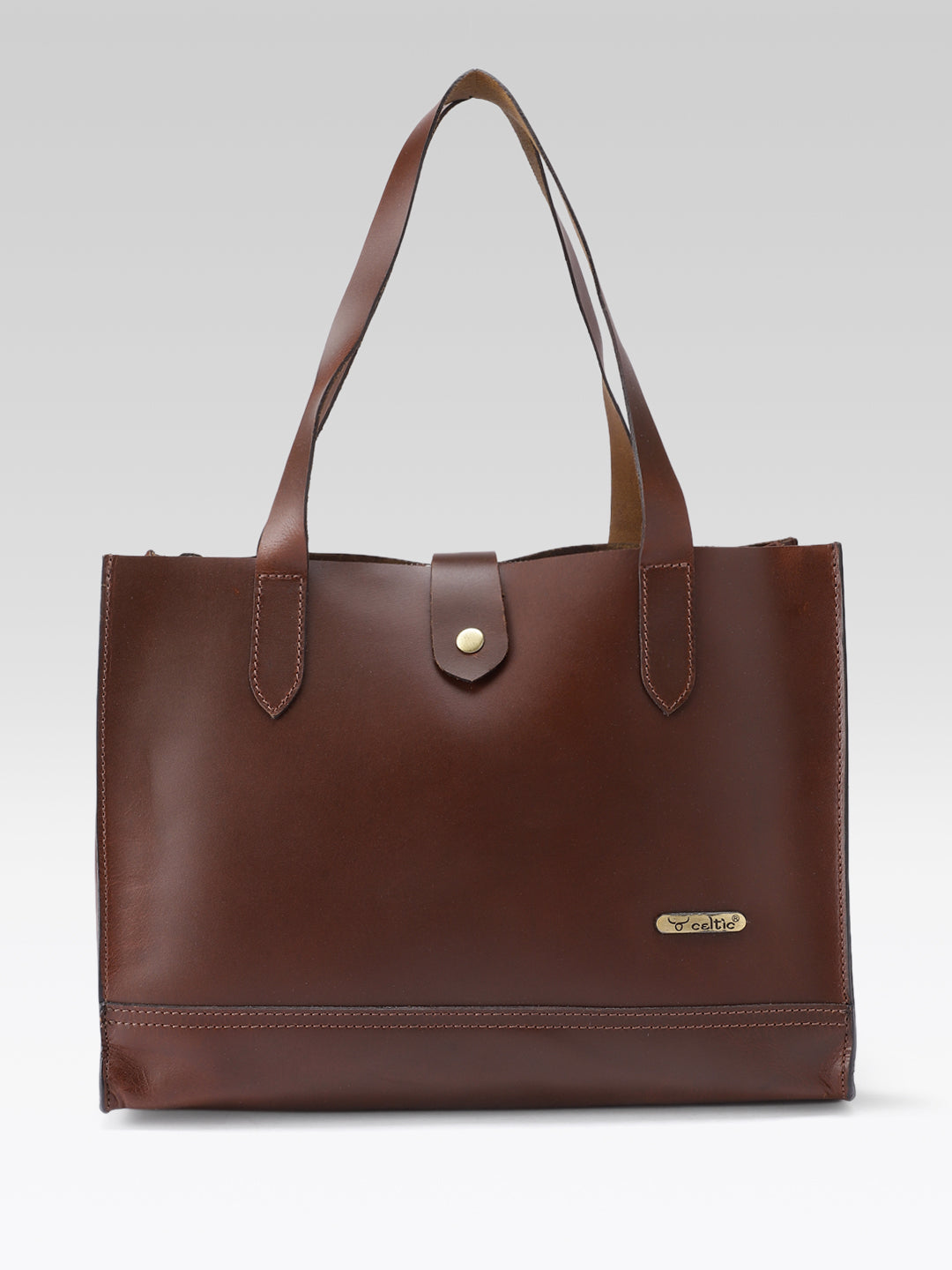 Premium Genuine Leather Structured Shopper Tote with Dual Compartments & Snap Closure