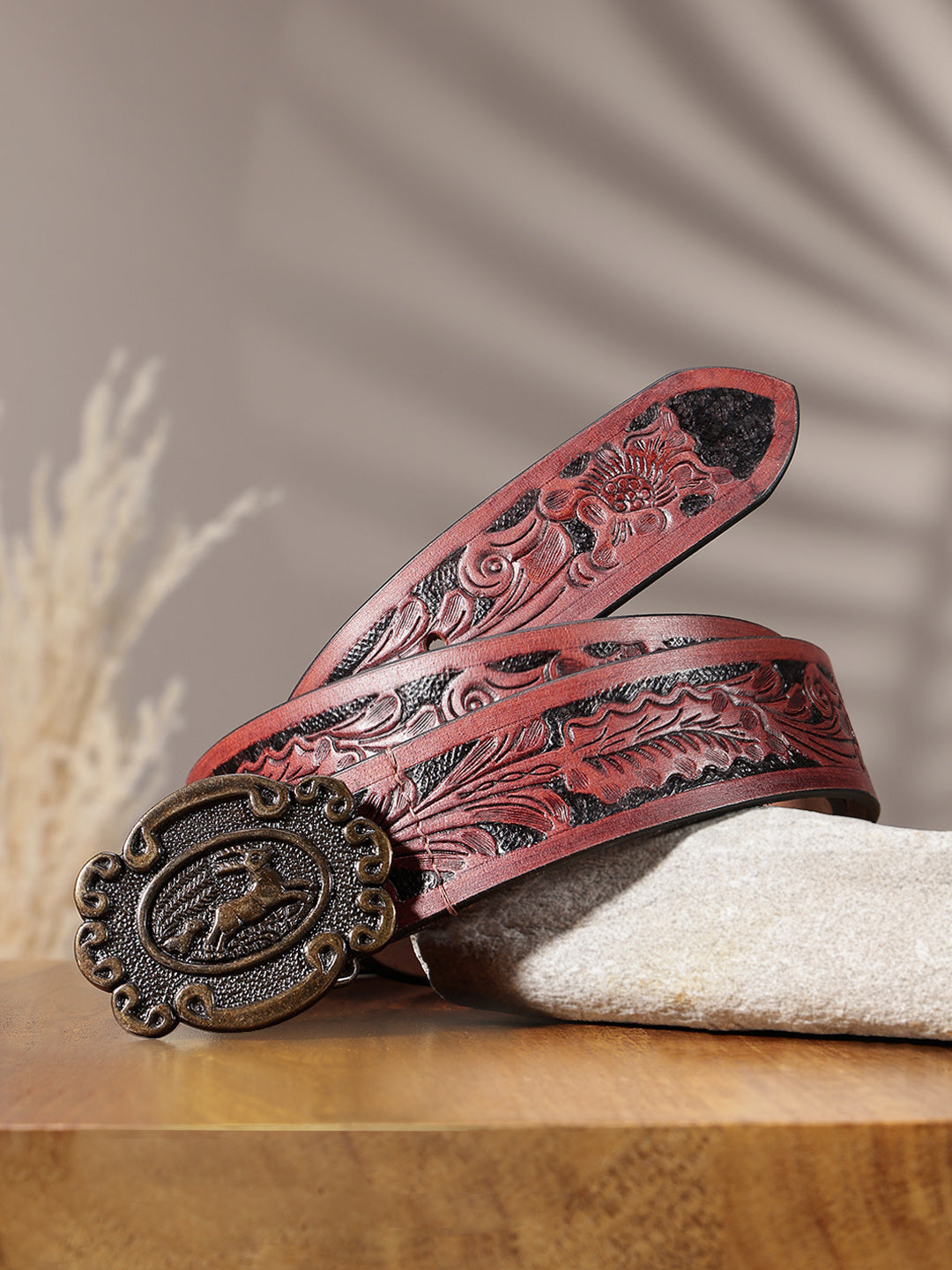 Men Genuine Leather Embossed Floral Brown Western Waist Accessory Antique Buckle