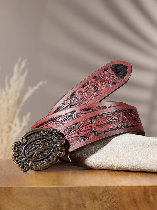Men Genuine Leather Embossed Floral Brown Western Waist Accessory Antique Buckle