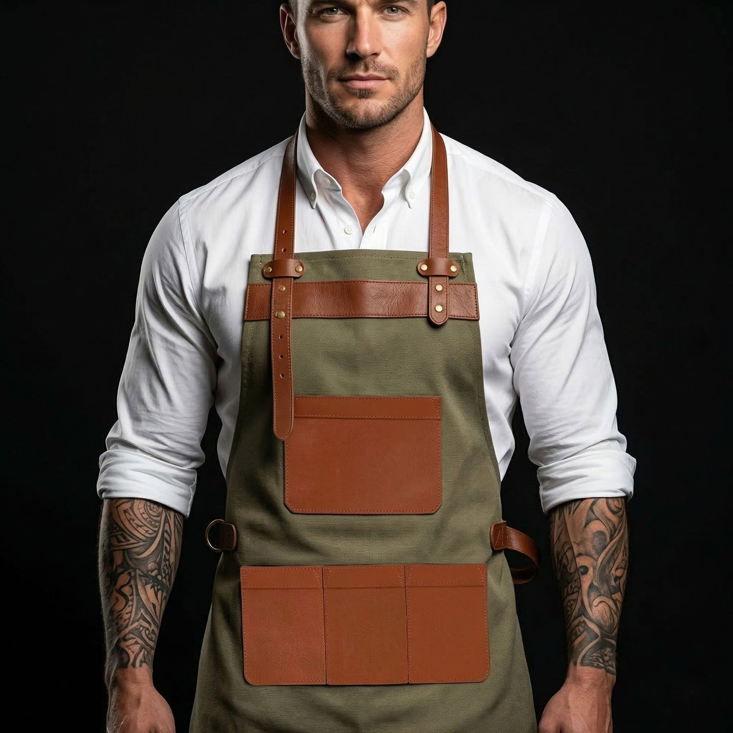 Premium Genuine Leather & Canvas Bib Apron – Tan & Green With Multiple Pocket