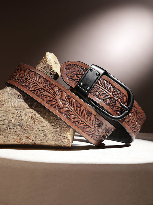 Premium Genuine Leather Embossed Brown Western Waist Accessory Matte Black Buckle