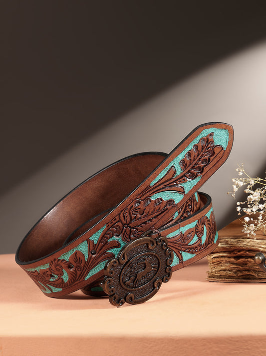 Genuine Leather Embossed Floral Brown Teal Western Waist Accessory Antique Buckle