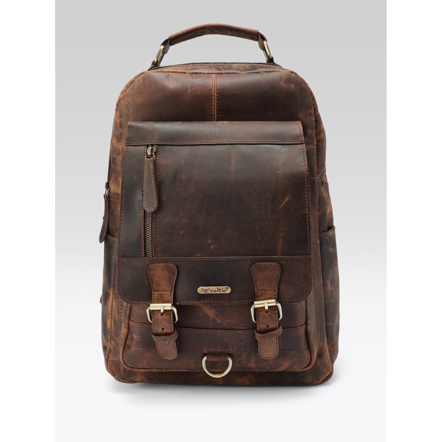 Premium Genuine Leather Backpack with Front Zip Pocket & Padded Shoulder Straps