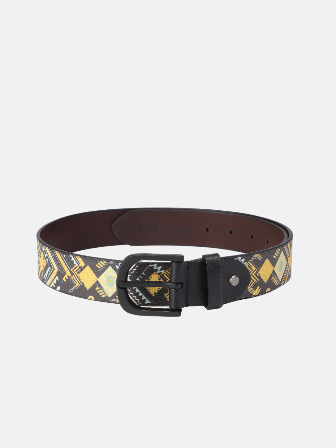 Unisex Genuine Leather Tribal Geometric Yellow Black Waist Accessory Matte Buckle