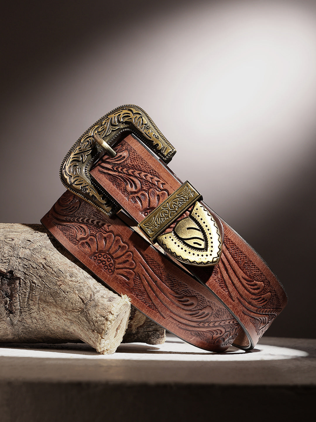 Genuine Leather Embossed Western Waist Accessory Ornate Buckle Tip
