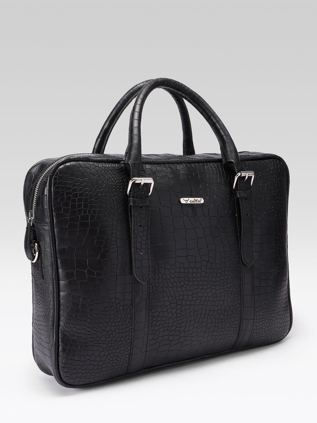 Premium Croc-Textured Black Leather Office Laptop Bag with Adjustable Shoulder Strap