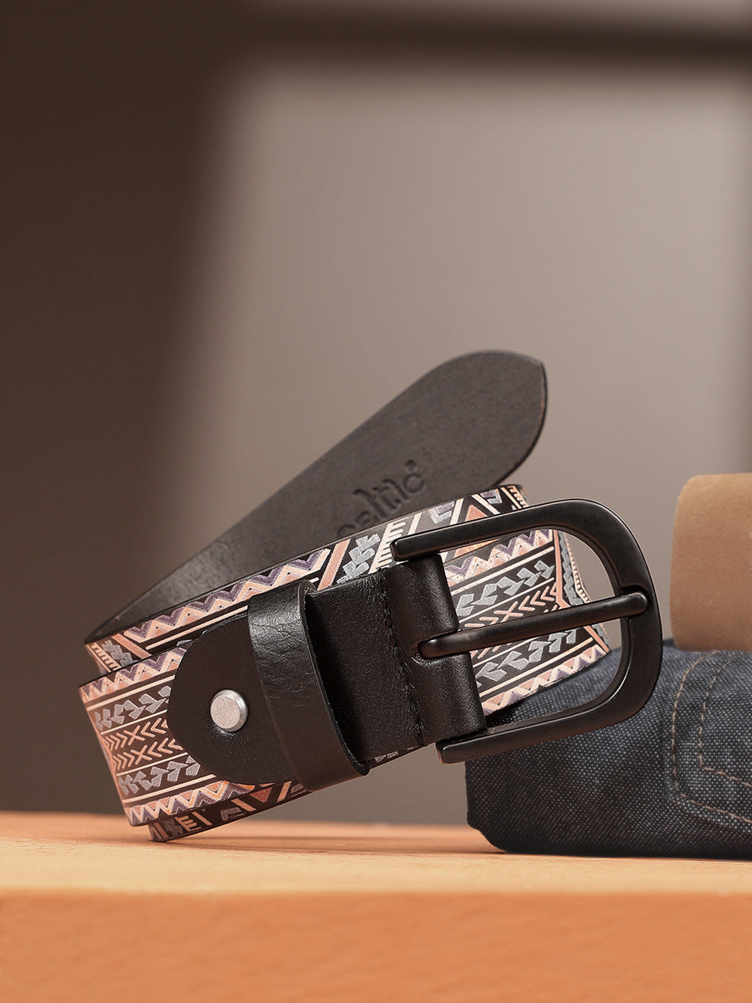 Men Genuine Leather Tribal Geometric Multicolor Waist Accessory Matte Buckle
