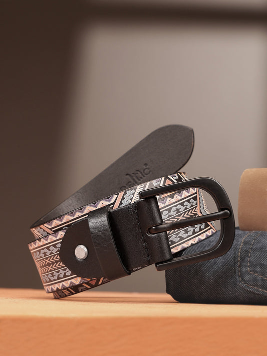 Men Genuine Leather Tribal Geometric Multicolor Waist Accessory Matte Buckle