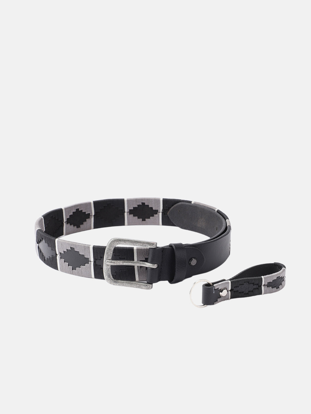 Unisex Handcrafted Black Leather Belt With Geometric Woven Strap And Antique Metal Buckle. LB-863