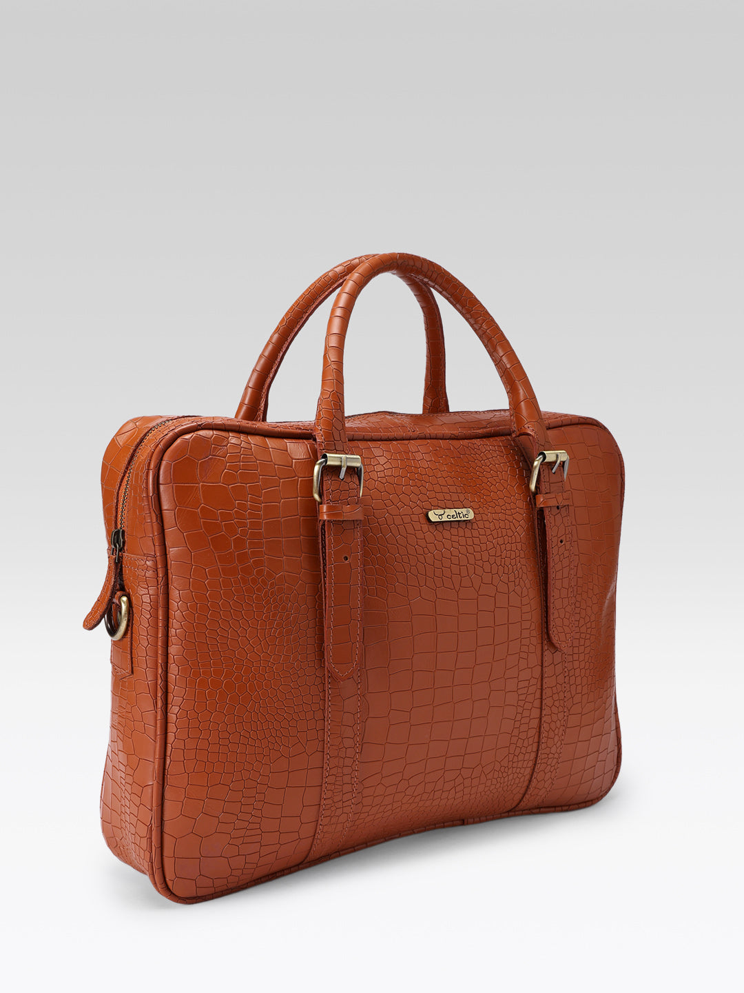 Premium Croc-Textured Black Leather Office Laptop Bag with Adjustable Shoulder Strap