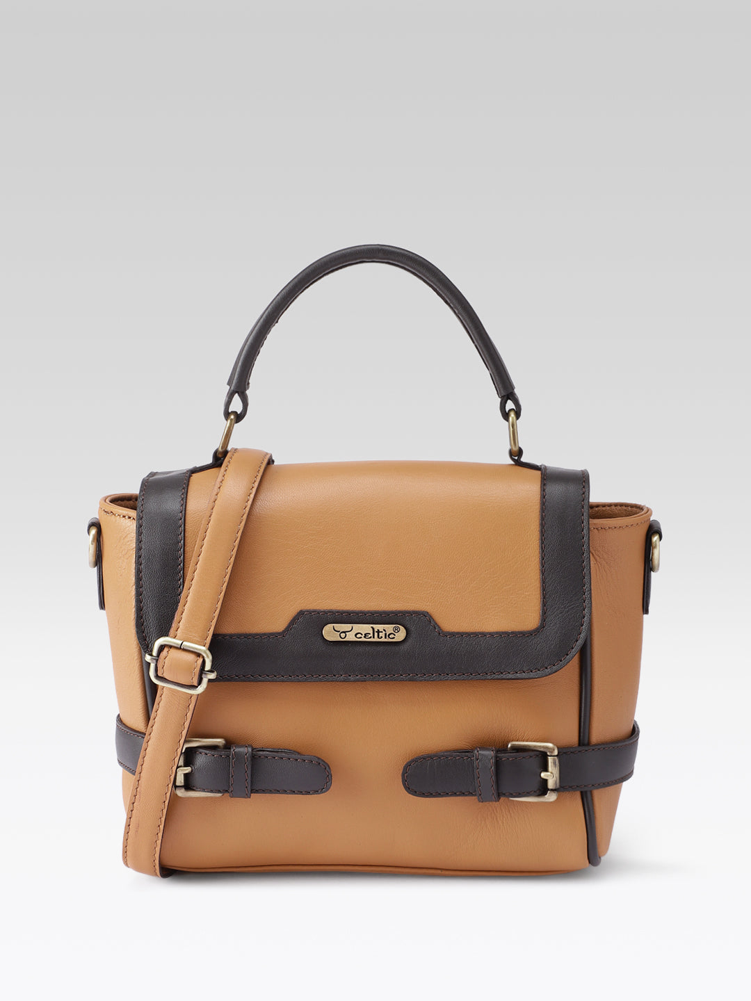 Premium Genuine Brown Leather Top Handle Handbag with Adjustable Strap