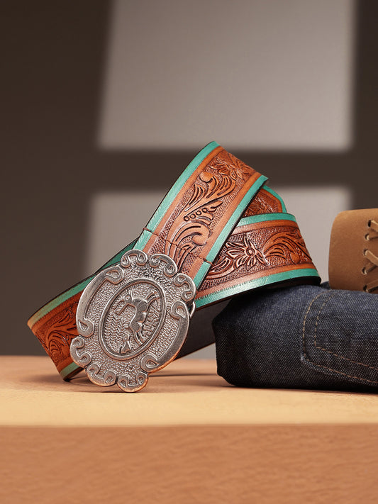 Premium Genuine Leather Embossed Floral Brown Teal Western Waist Accessory Antique Buckle
