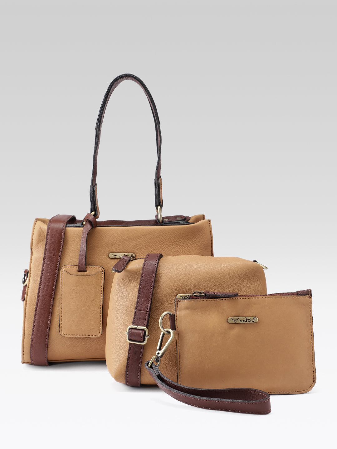 Premium Genuine Tan Leather 3-Piece Handbag Combo with Crossbody & Clutch