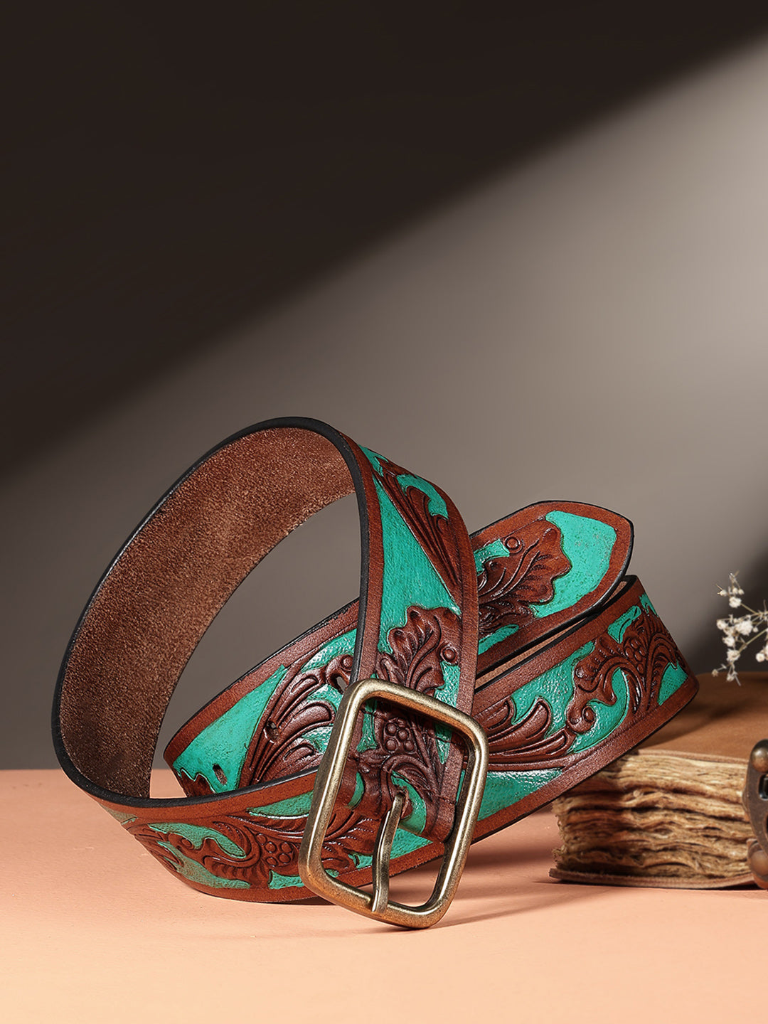Genuine Leather Embossed Floral Brown Teal Waist Accessory Antique Metal Buckle