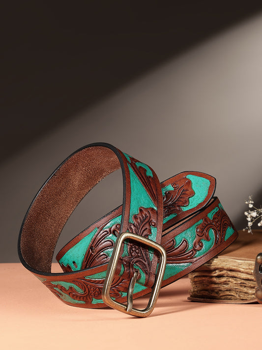 Genuine Leather Embossed Floral Brown Teal Waist Accessory Antique Metal Buckle