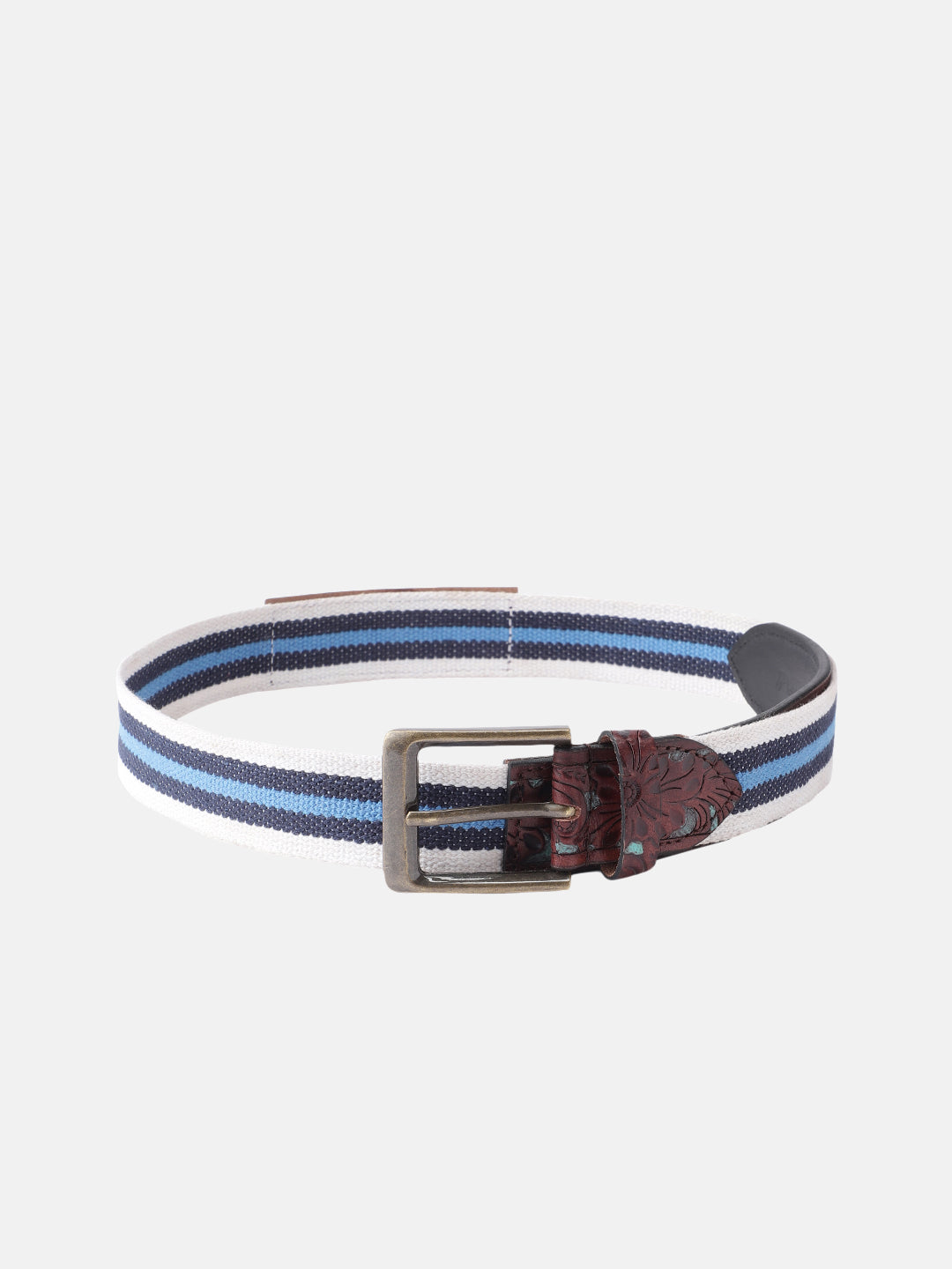 Unisex Genuine Leather Floral Embossed Canvas Blue White Waist Accessory Brass Buckle .LB-834