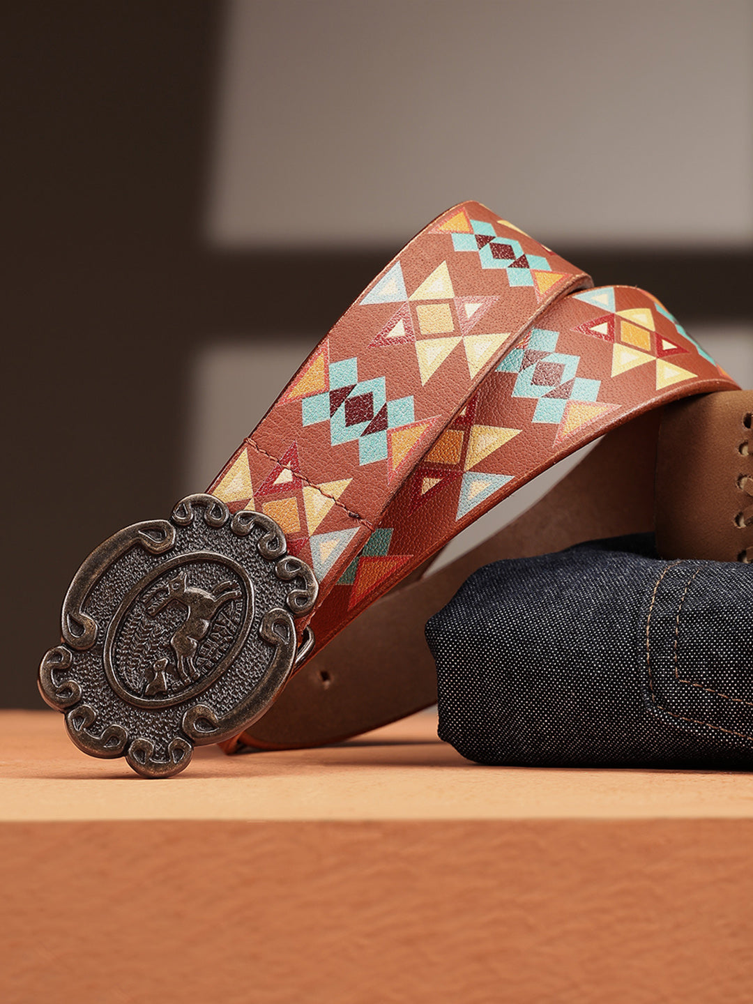 Unisex Aztec Pattern Leather Belt With Antique Buckle Handmade Ethnic Style Accessory.
