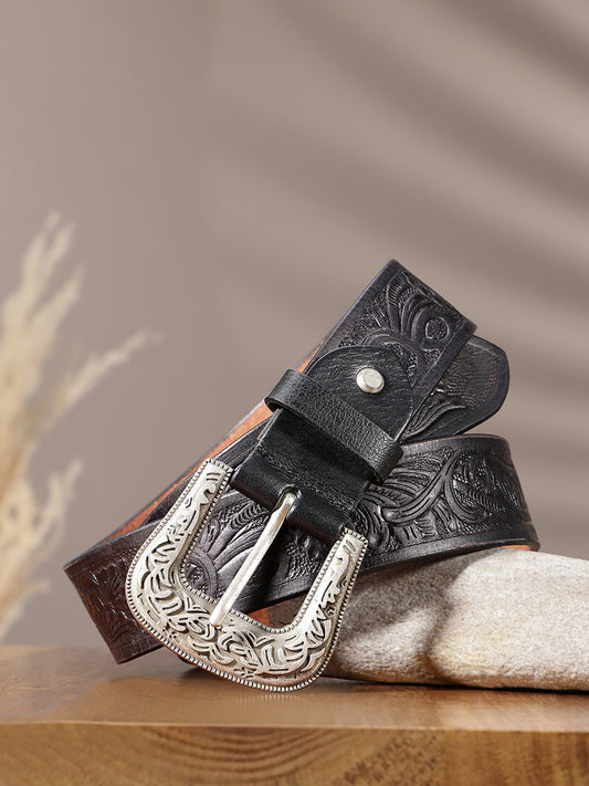 Unisex Genuine Leather Embossed Black Western Waist Accessory Silver Buckle